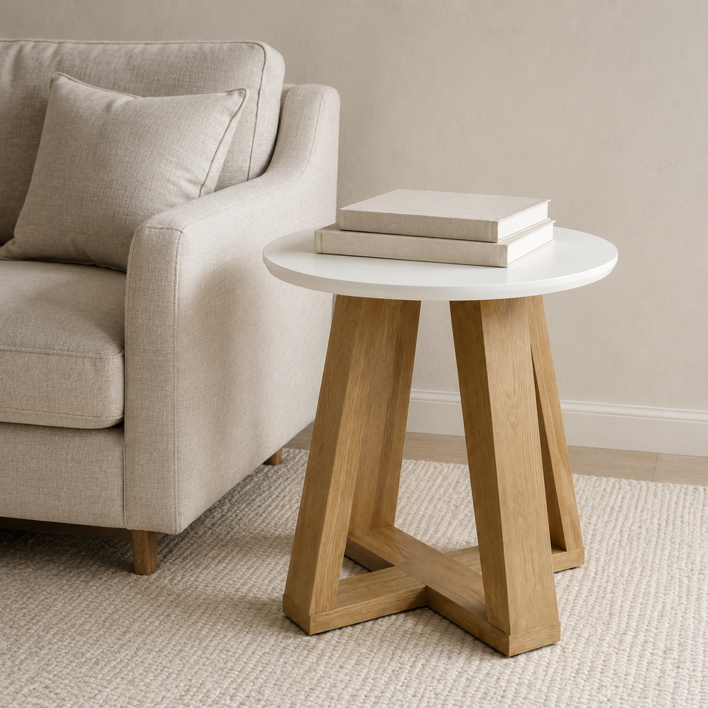Table d'appoint ronde bicolore, plateau blanc et piètement bois