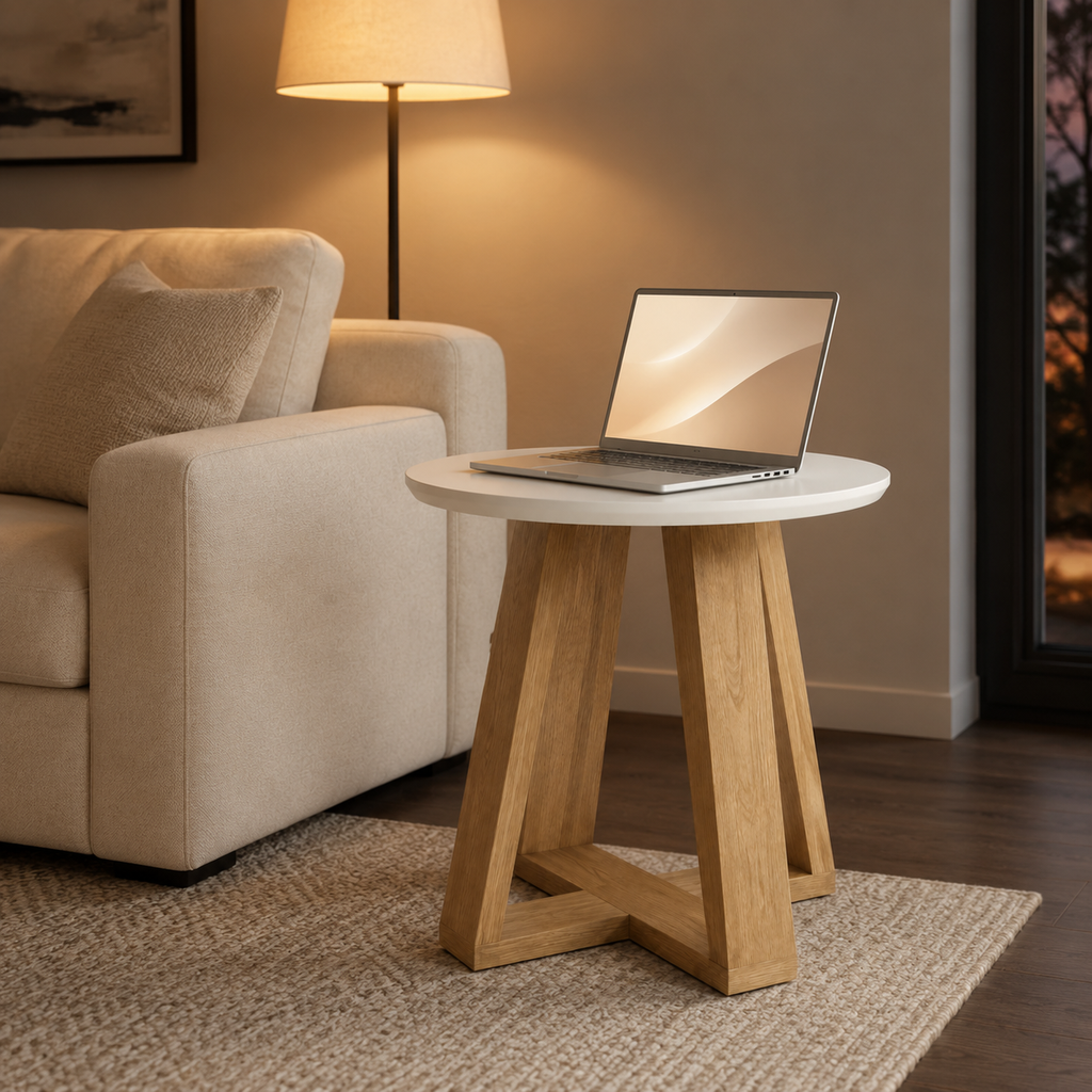 Table d'appoint ronde bicolore, plateau blanc et piètement bois