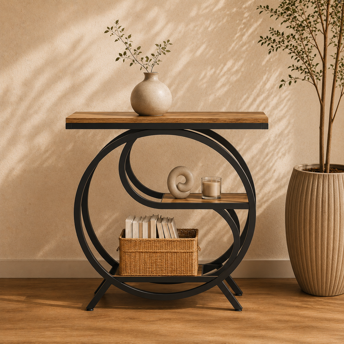 Table d'appoint bois et métal au design à cercles entrelacés