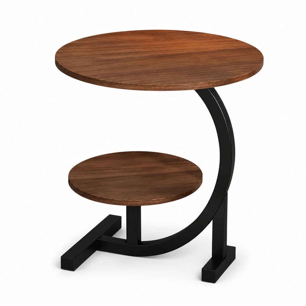 Table d'appoint ronde sculpturale, plateau noyer et socle noir mat
