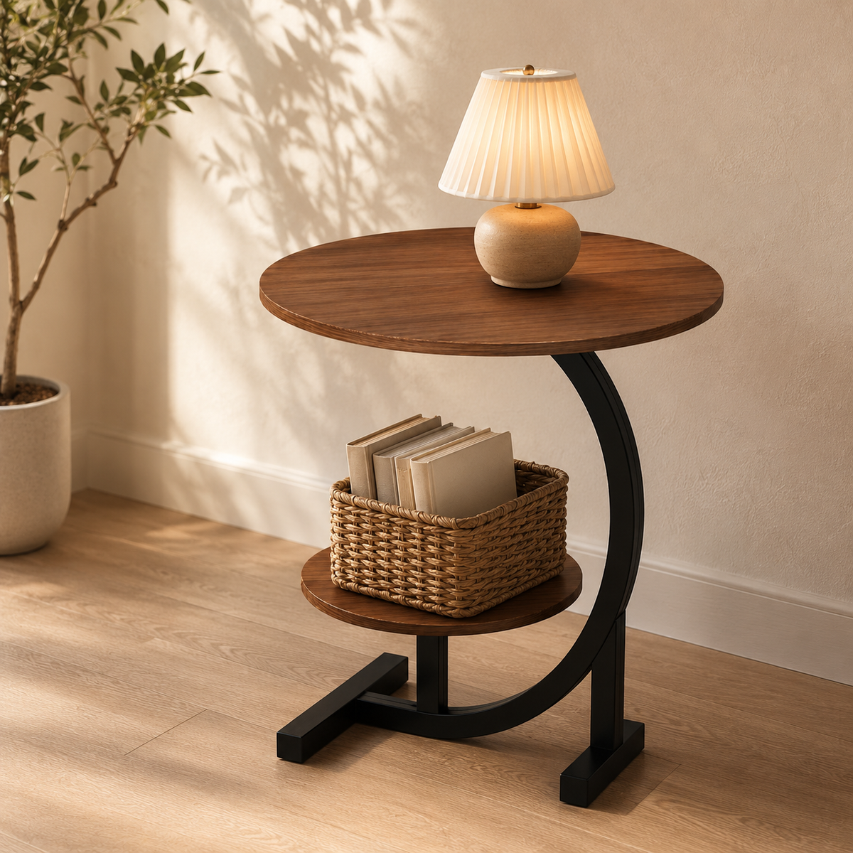 Table d'appoint ronde sculpturale, plateau noyer et socle noir mat