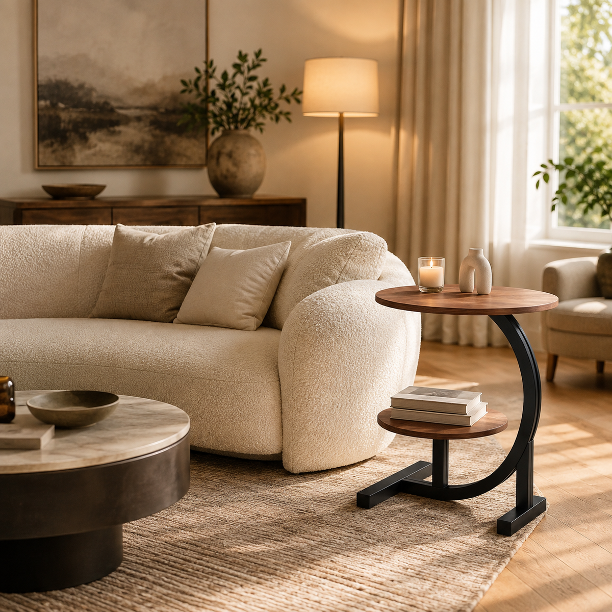 Table d'appoint ronde sculpturale, plateau noyer et socle noir mat
