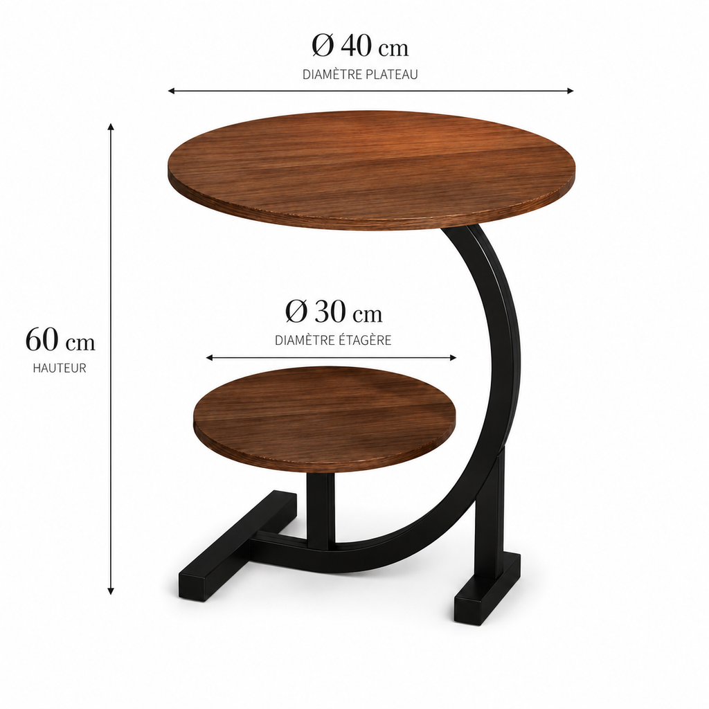 Table d'appoint ronde sculpturale, plateau noyer et socle noir mat