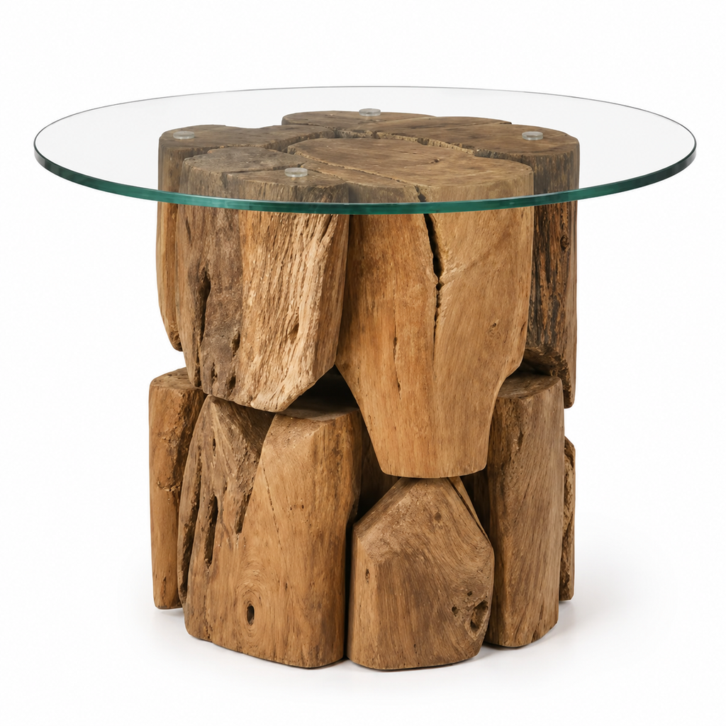 Table d'appoint ronde sculpturale en bois flotté et verre trempé