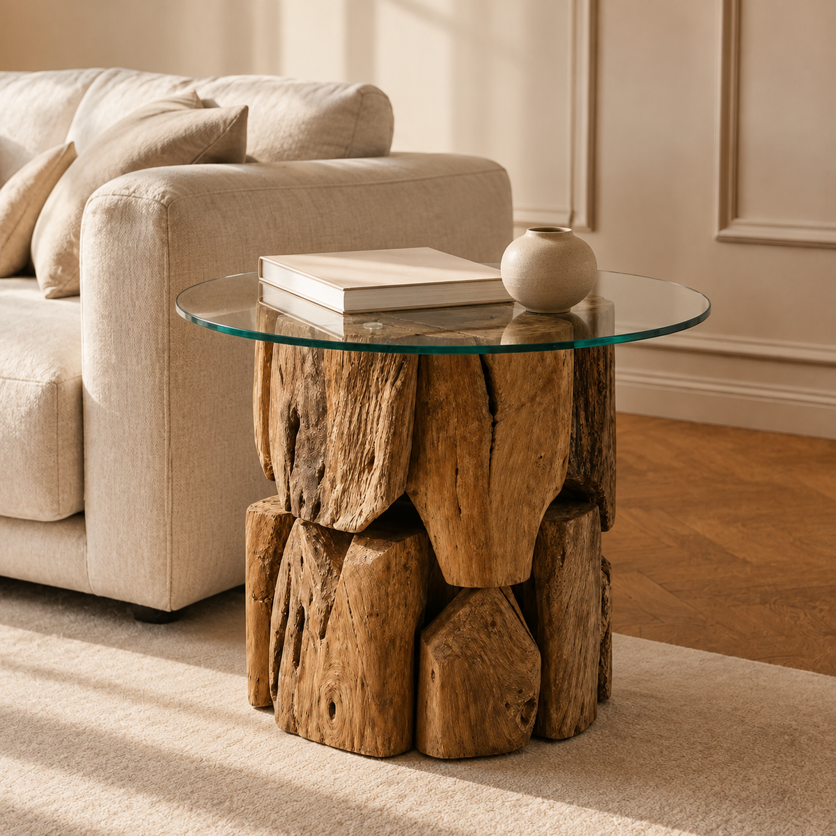 Table d'appoint ronde sculpturale en bois flotté et verre trempé