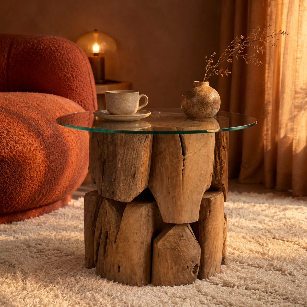 Table d'appoint ronde sculpturale en bois flotté et verre trempé