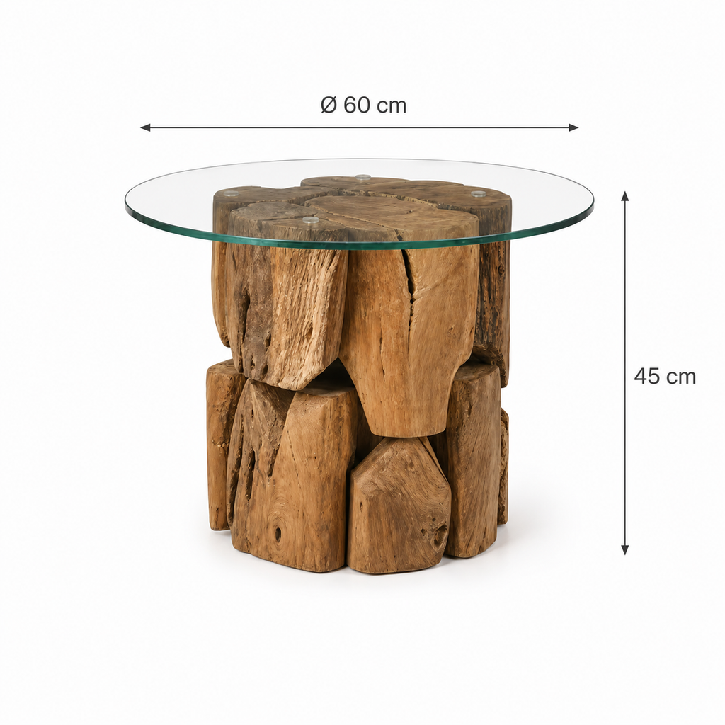 Table d'appoint ronde sculpturale en bois flotté et verre trempé