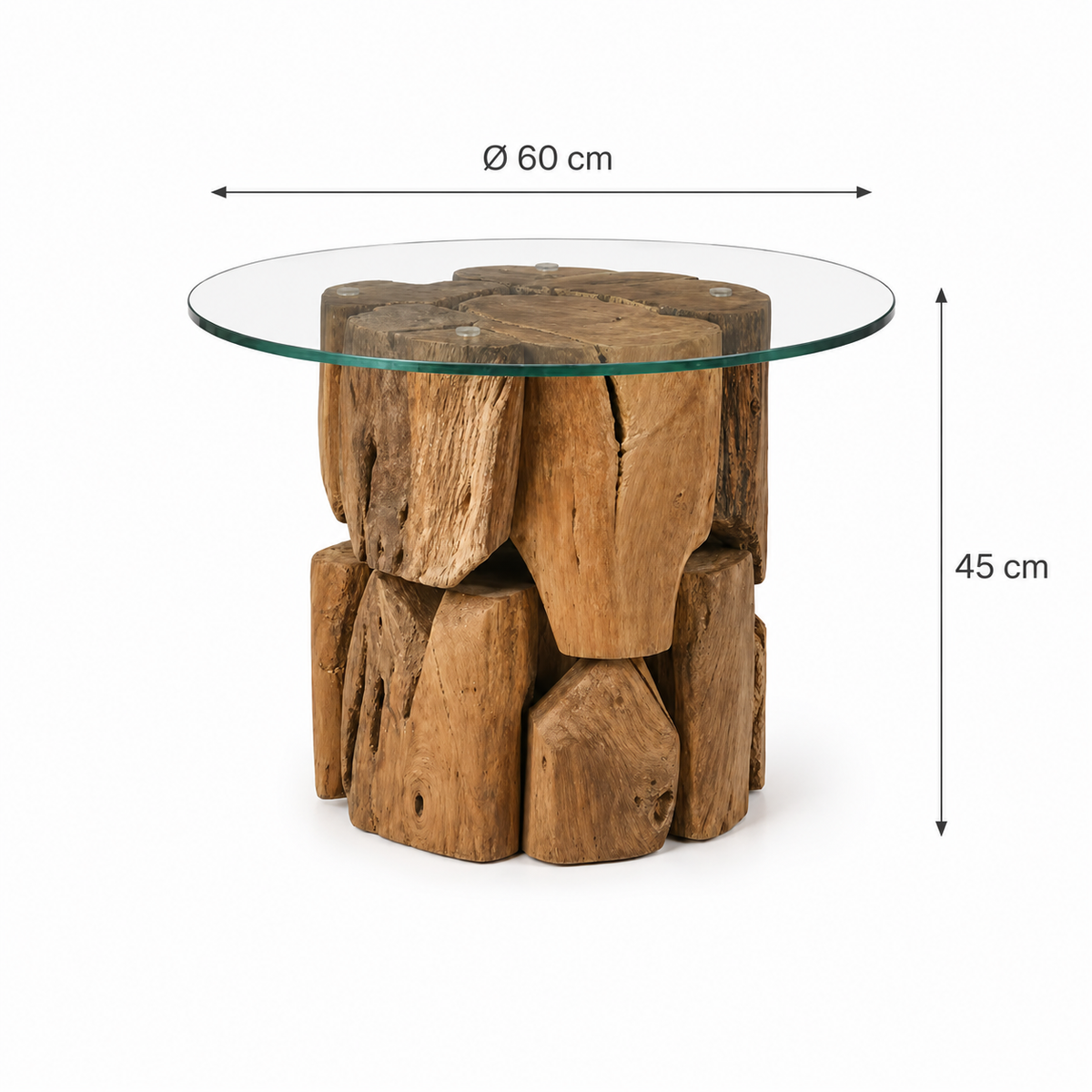 Table d'appoint ronde sculpturale en bois flotté et verre trempé