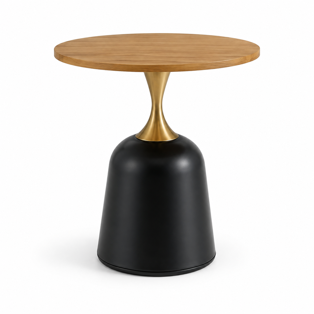 Table d'appoint ronde nordique avec plateau effet chêne et pied laiton