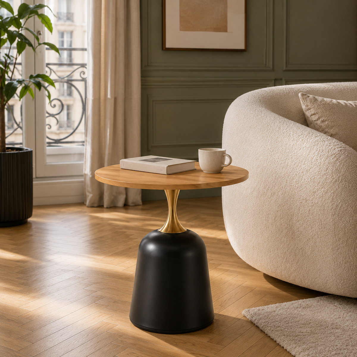 Table d'appoint ronde nordique avec plateau effet chêne et pied laiton