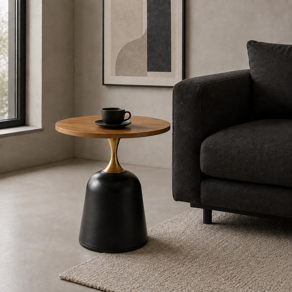 Table d'appoint ronde nordique avec plateau effet chêne et pied laiton