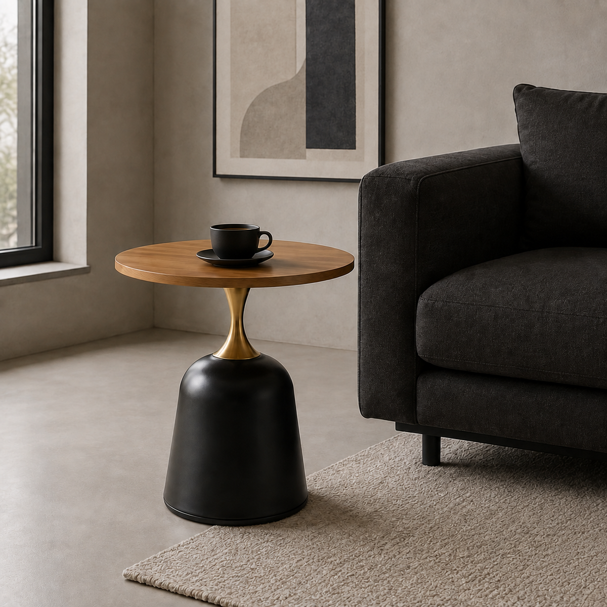 Table d'appoint ronde nordique avec plateau effet chêne et pied laiton