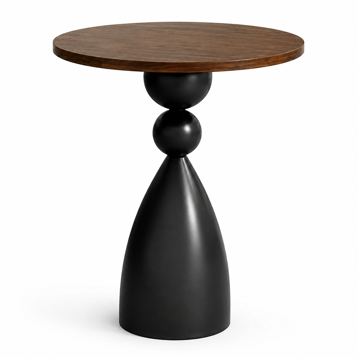Table d'appoint ronde design nordique, plateau noyer et socle galbé noir mat