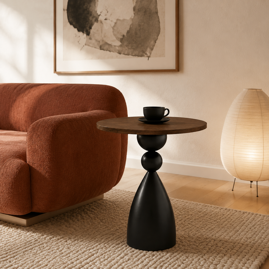 Table d'appoint ronde design nordique, plateau noyer et socle galbé noir mat