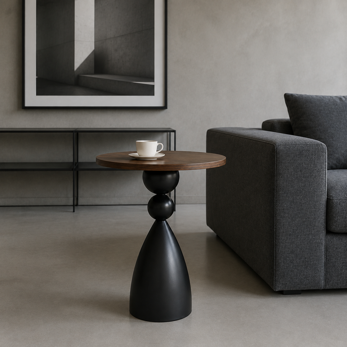 Table d'appoint ronde design nordique, plateau noyer et socle galbé noir mat