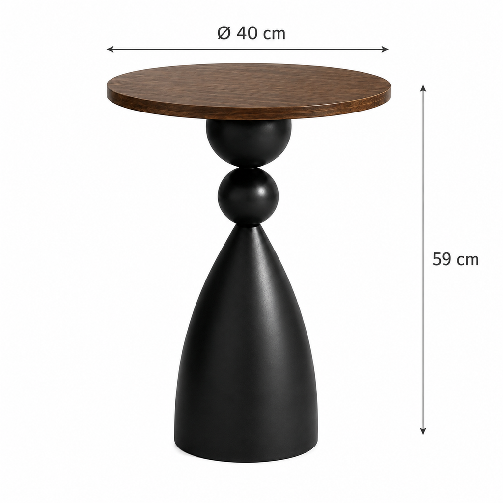 Table d'appoint ronde design nordique, plateau noyer et socle galbé noir mat