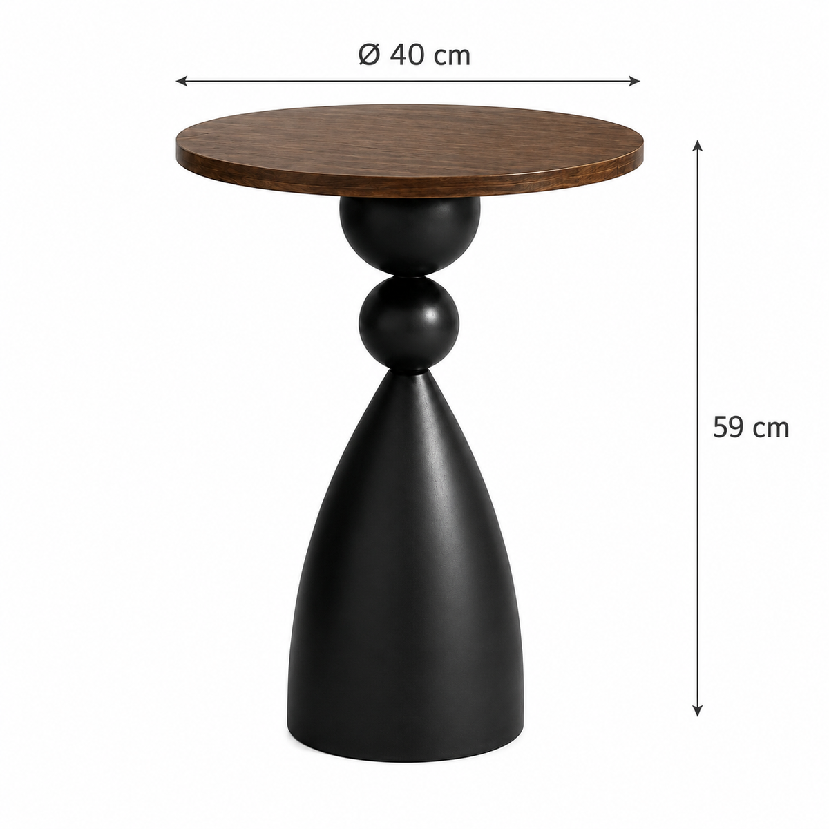 Table d'appoint ronde design nordique, plateau noyer et socle galbé noir mat