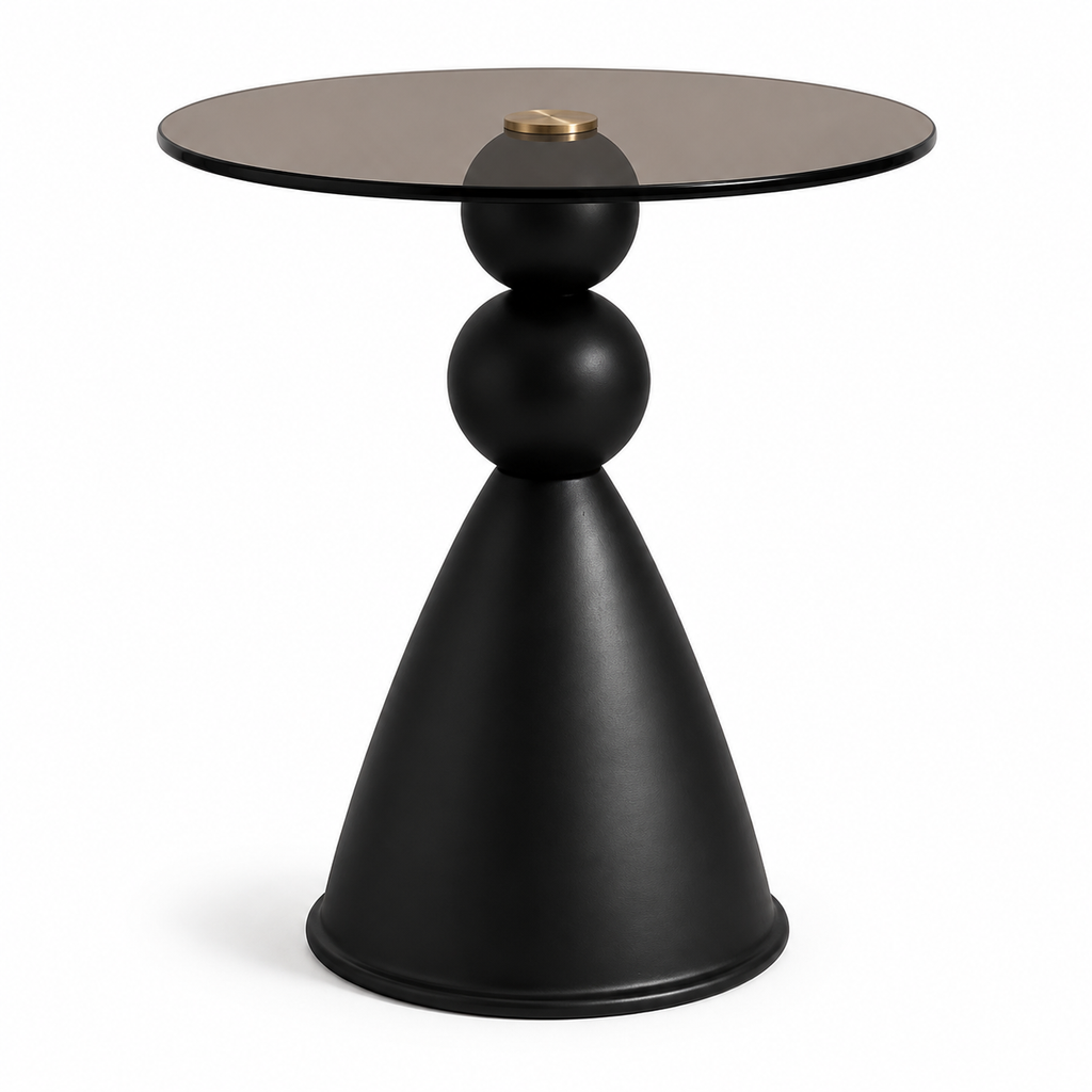 Table d'appoint ronde, plateau en verre trempé fumé et socle conique noir mat