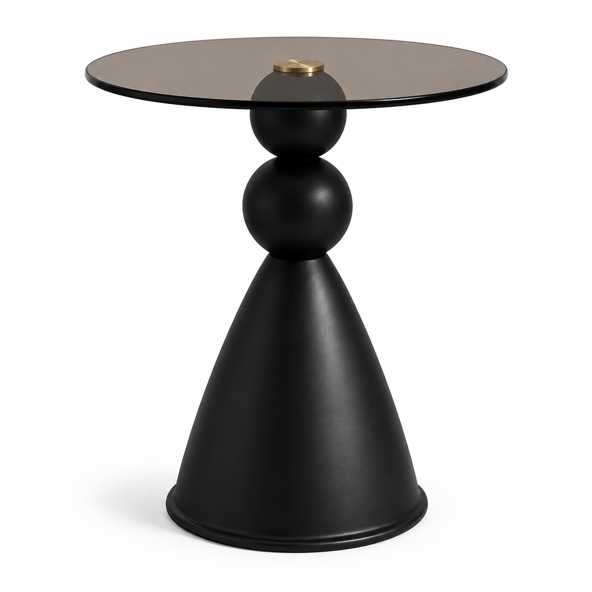Table d'appoint ronde, plateau en verre trempé fumé et socle conique noir mat