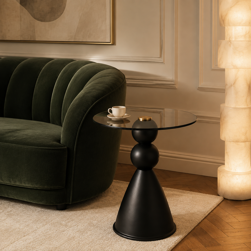 Table d'appoint ronde, plateau en verre trempé fumé et socle conique noir mat