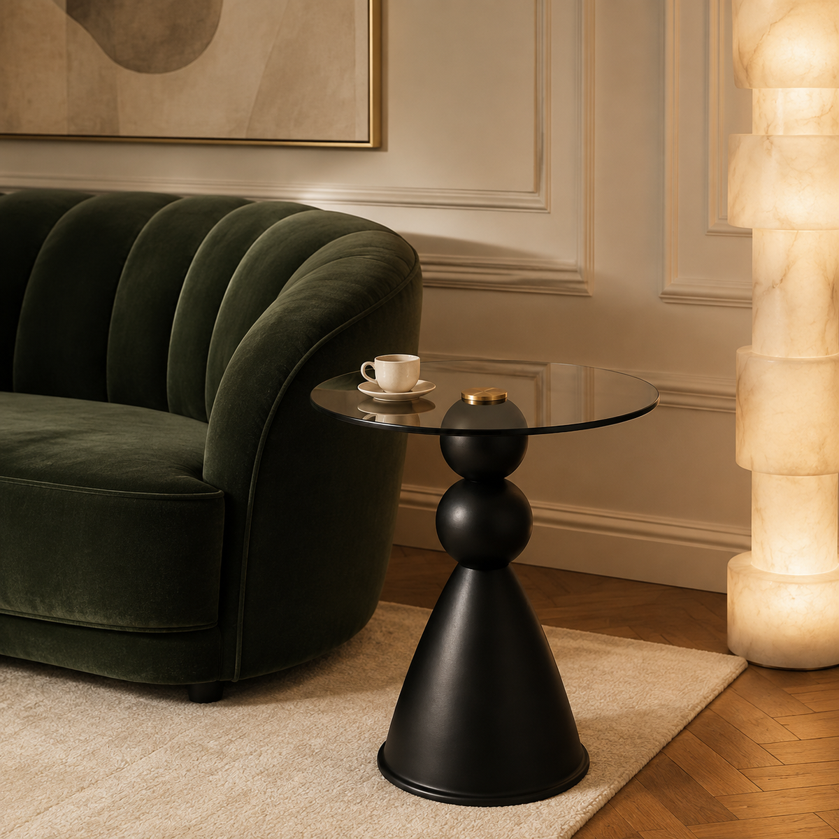 Table d'appoint ronde, plateau en verre trempé fumé et socle conique noir mat
