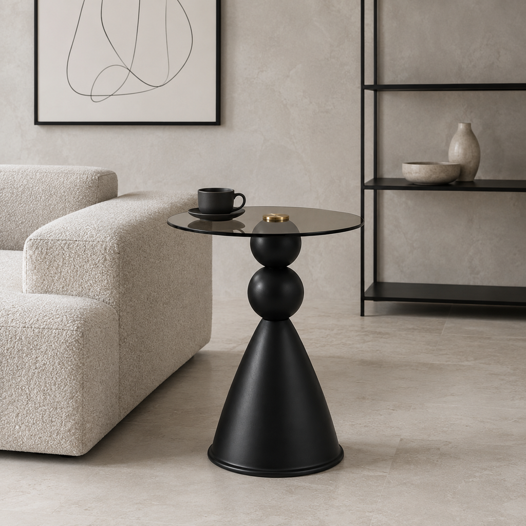 Table d'appoint ronde, plateau en verre trempé fumé et socle conique noir mat