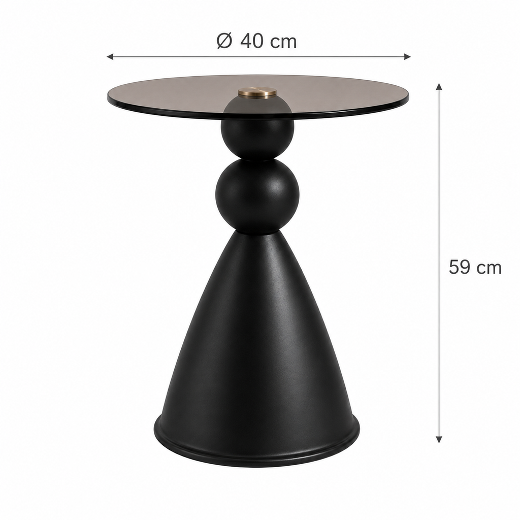 Table d'appoint ronde, plateau en verre trempé fumé et socle conique noir mat