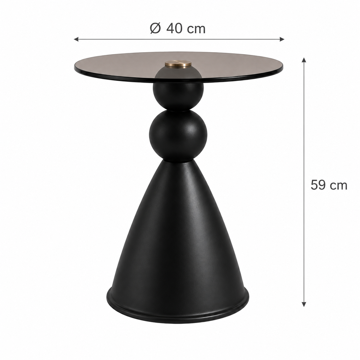 Table d'appoint ronde, plateau en verre trempé fumé et socle conique noir mat
