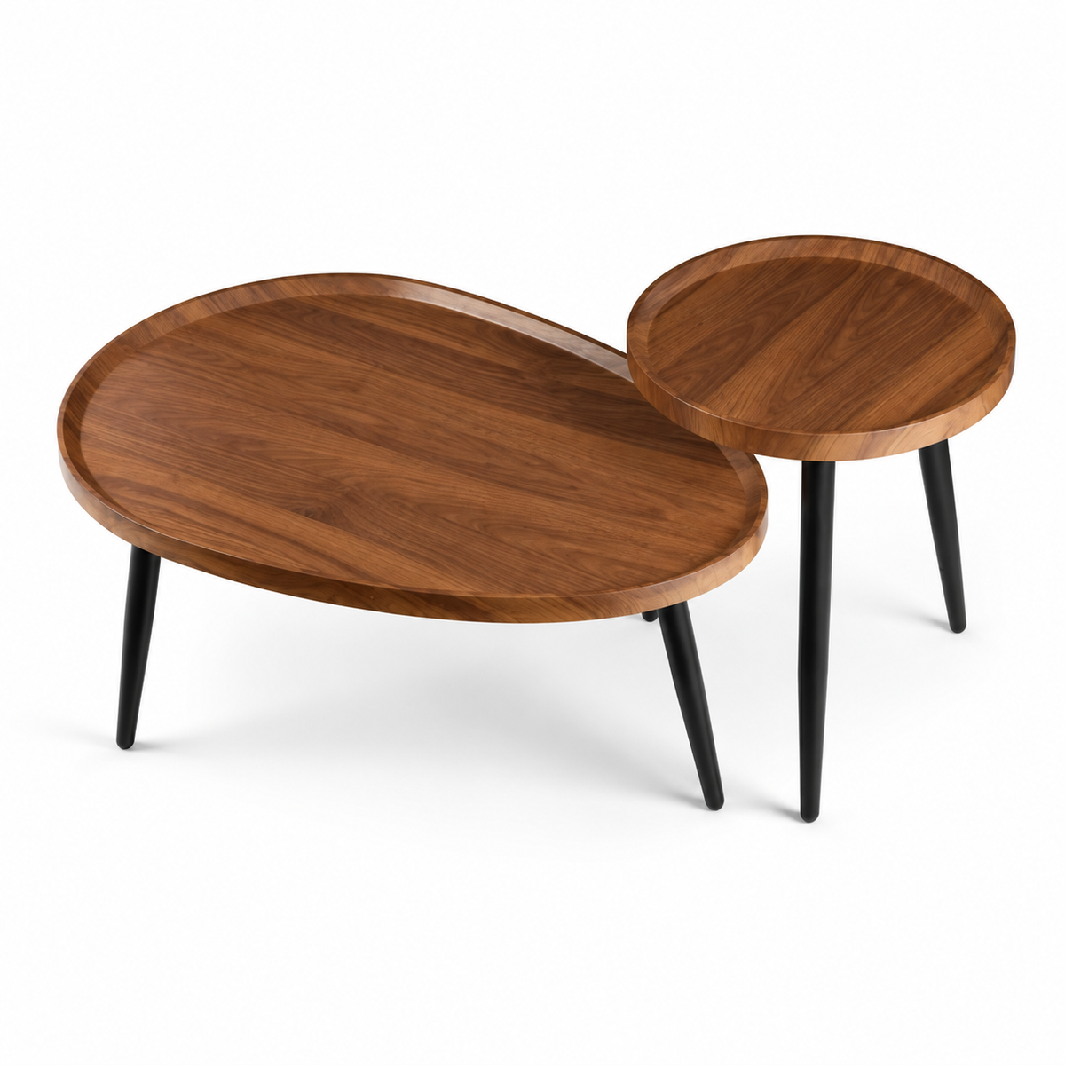Lot de 2 tables gigognes en goutte, finition noyer et pieds fuselés noirs