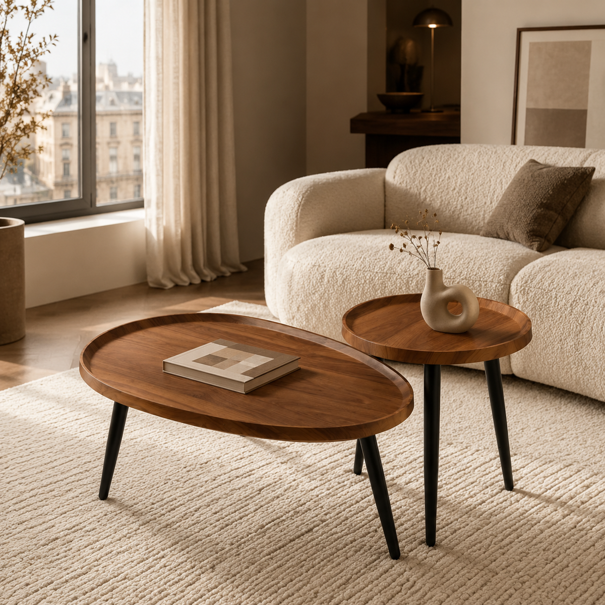 Lot de 2 tables gigognes en goutte, finition noyer et pieds fuselés noirs