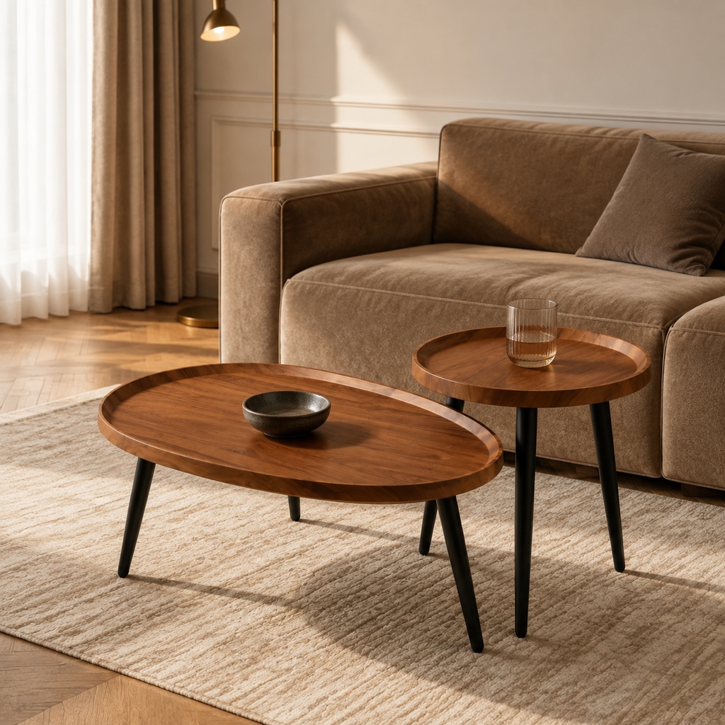 Lot de 2 tables gigognes en goutte, finition noyer et pieds fuselés noirs