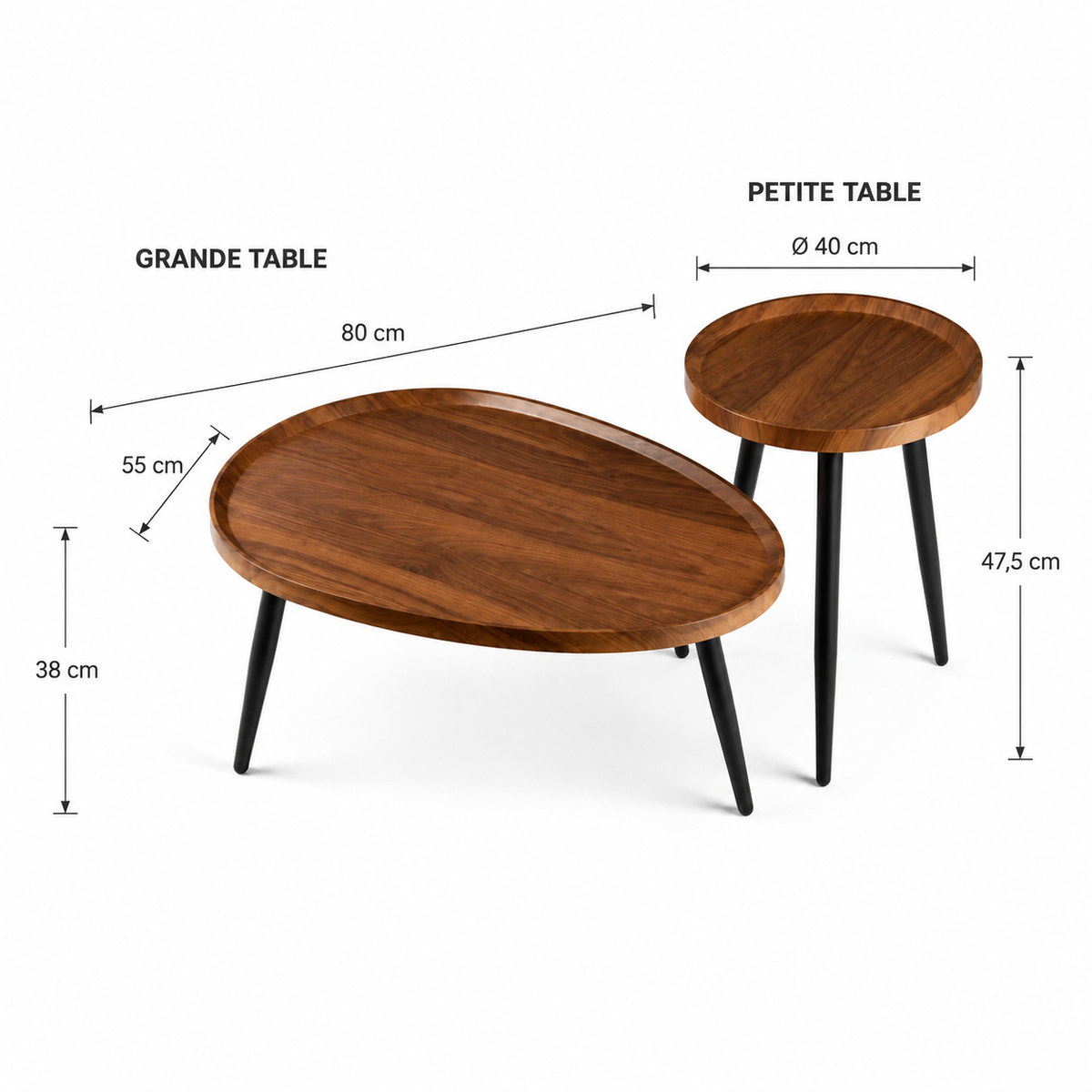 Lot de 2 tables gigognes en goutte, finition noyer et pieds fuselés noirs