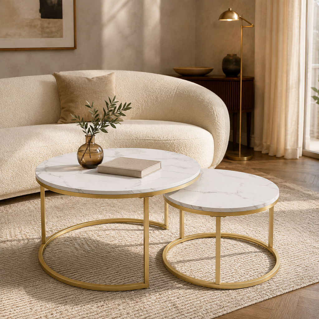 Lot de 2 tables gigognes rondes effet marbre et laiton doré