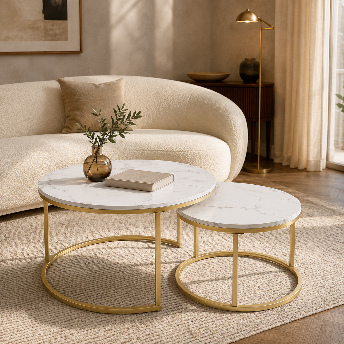 Lot de 2 tables gigognes rondes effet marbre et laiton doré