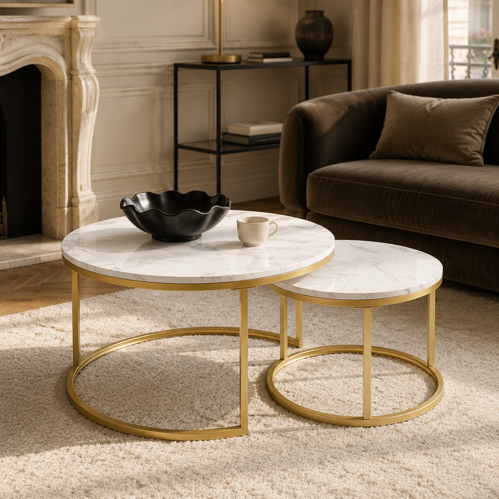 Lot de 2 tables gigognes rondes effet marbre et laiton doré
