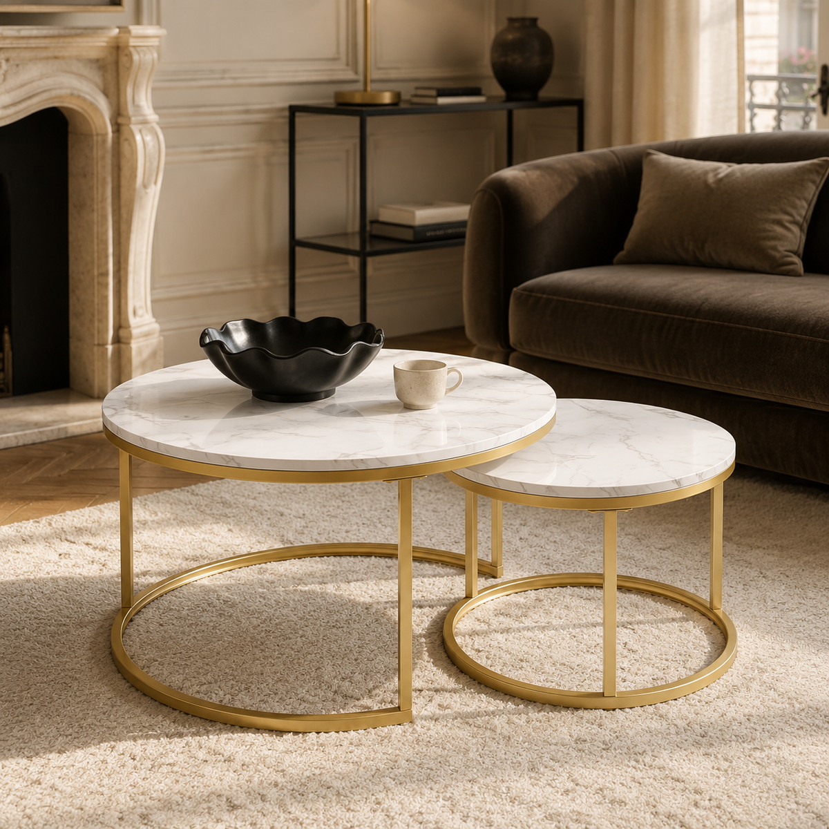 Lot de 2 tables gigognes rondes effet marbre et laiton doré