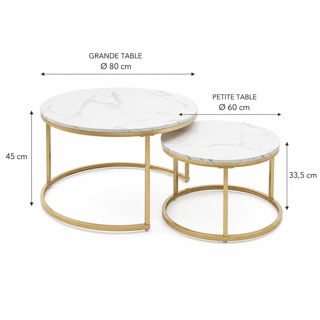 Lot de 2 tables gigognes rondes effet marbre et laiton doré