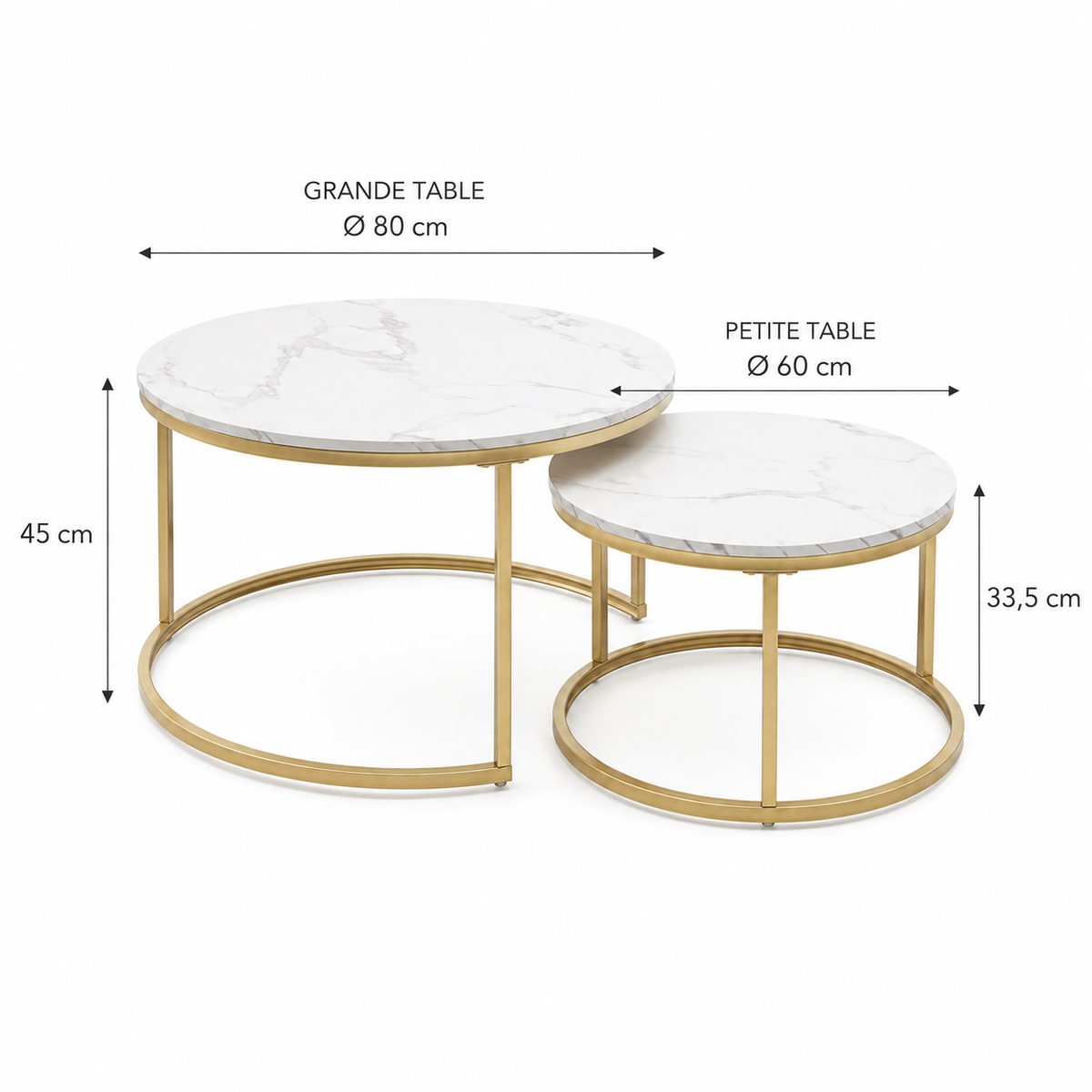 Lot de 2 tables gigognes rondes effet marbre et laiton doré